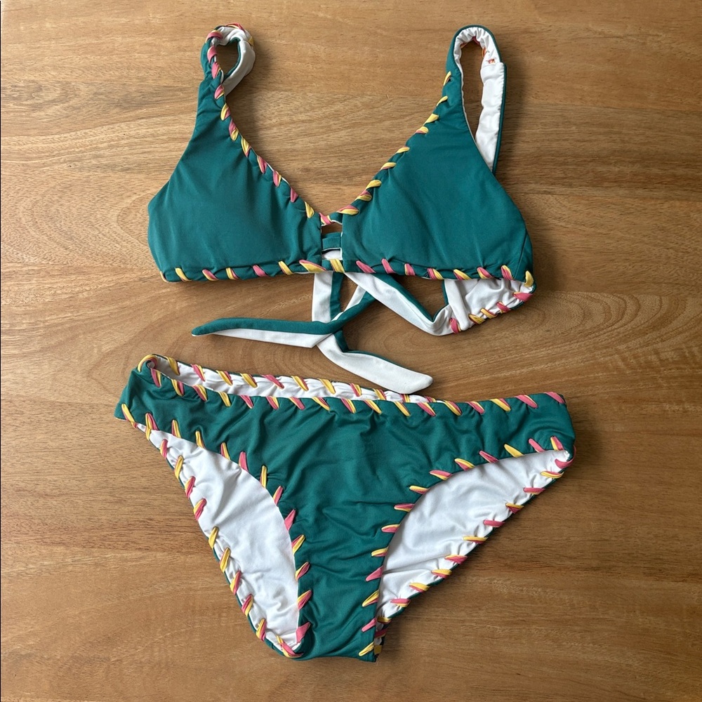 Green Bikini with Multicolor Stitching Detail